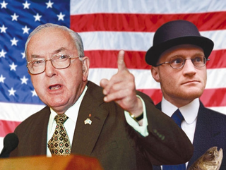 Anti-art crusaders Sen. Jesse Helms (R-NC) and Dadaist provocateur Tristan Tzara call for the dismantling of the institutions regulating public art in a joint press conference Monday.